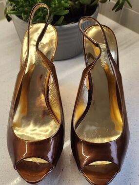 Marciano Brown Slingback Wedges – Gold Detail Statement Resin